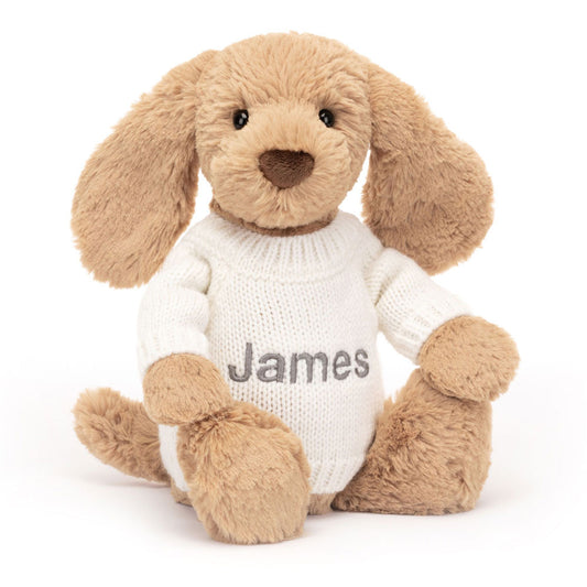 Bashful Toffee Puppy with Personalized Cream Jumper